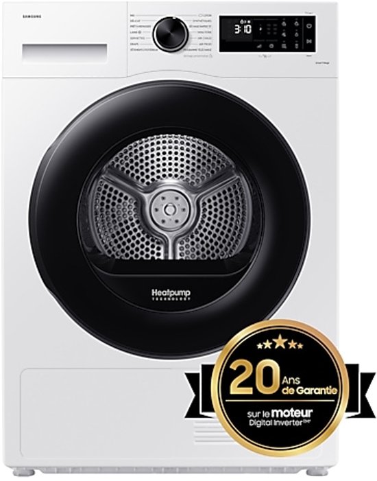 Samsung DV80CGC0B0AEEF, Vrijstaand, Voorbelading, Warmtepomp, Wit, Draaiknop, Rechts
