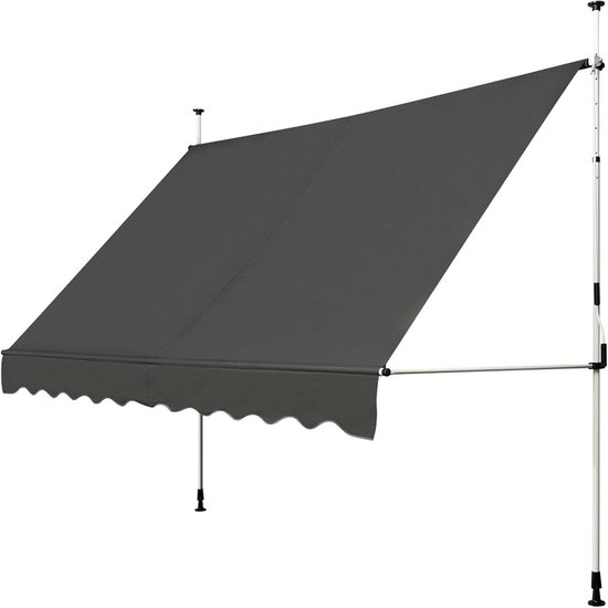 Auvent gris foncé avec ourlet ondulé, 350cm de large, déployé avec des poteaux de support.