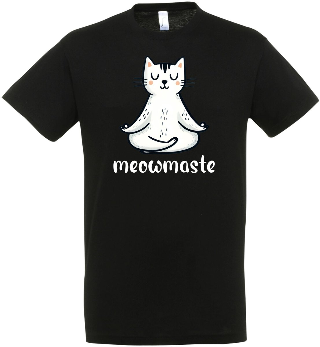 Meowmaste T-shirt – Yoga T-shirt – Fun T-shirt – Yoga Kat - Meditatie - Zwart – Grappig shirt - Yoga Kleding – Meditation - Kat - Leuk Cadeau – Yoga shirt Dames – Yoga shirt Heren – Unisex - Maat M