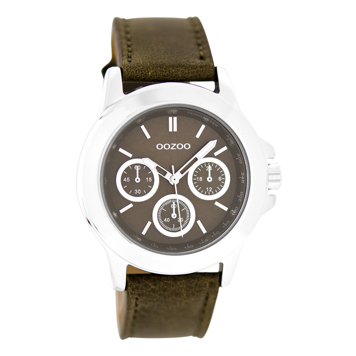 OOZOO Timepieces - Zilverkleurige horloge met donker bruine leren band - C6187