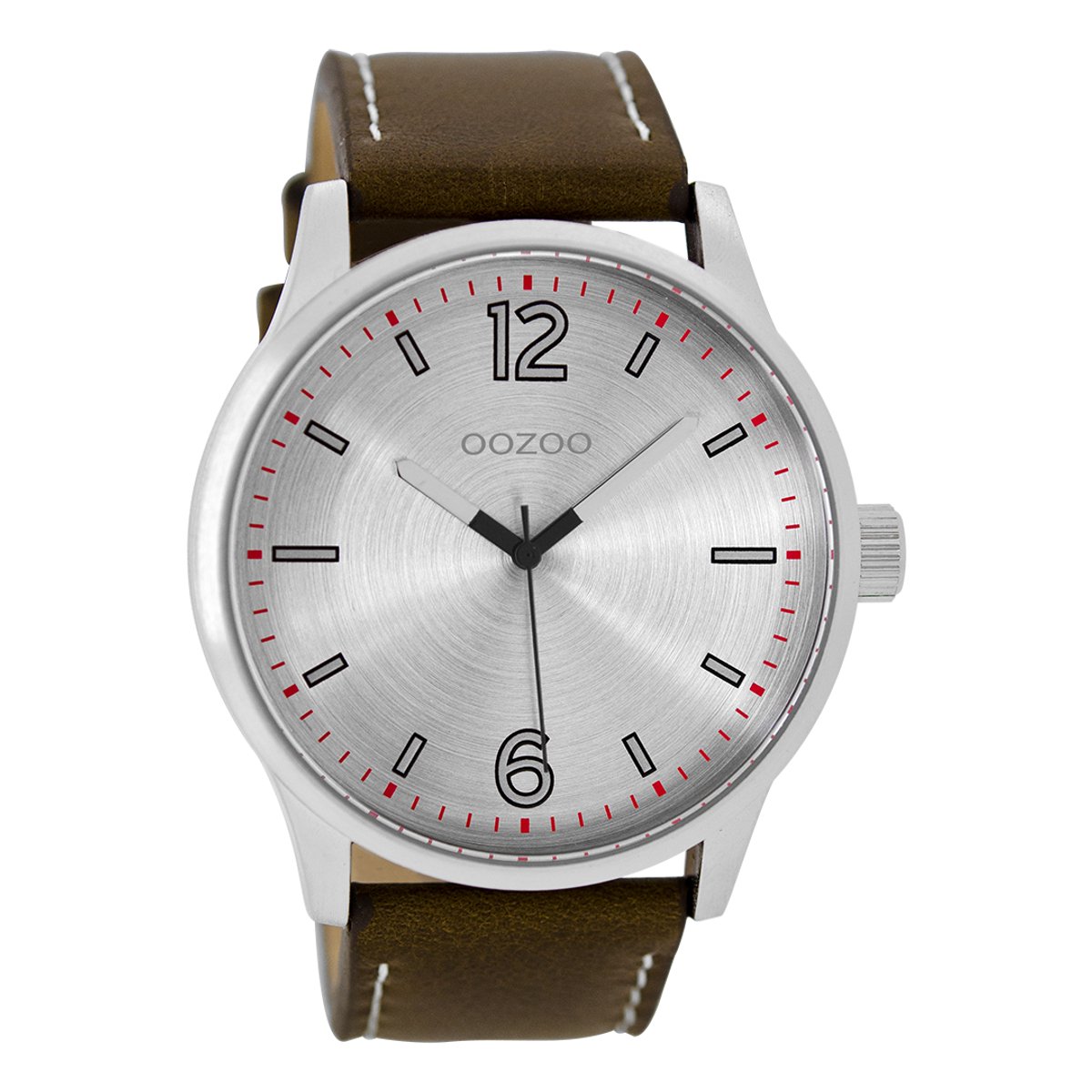 OOZOO Timepieces - Zilverkleurige horloge met donker bruine leren band - C9048