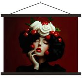 Posterhanger incl. Poster 120x90 cm - Schoolplaat - Vrouw - Kersen - Slagroom - Textielposter - Zwarte latten