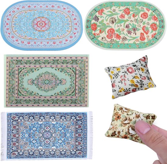 6 Pieces Dollhouse Accessories - Miniature Rug Set with Cushions | bol