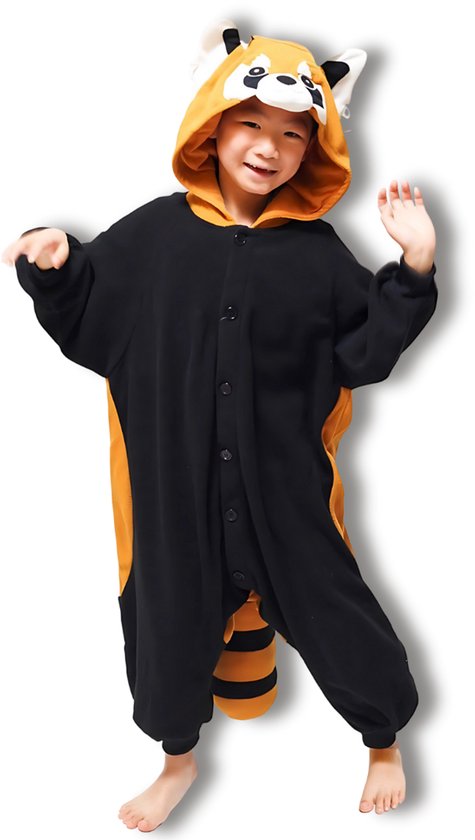 BoefieBoef Kinder Onesie Rode_Panda – Warme Dieren Pyjama 5-9 Jaar – Fluffy Verkleedpak & Fleece Huispak – Jongens & Meisjes – Zwemles Pyjama – Carnaval, Halloween & Sinterklaas Cadeau – Jumpsuit met Capuchon – 115-130 cm - Oranje