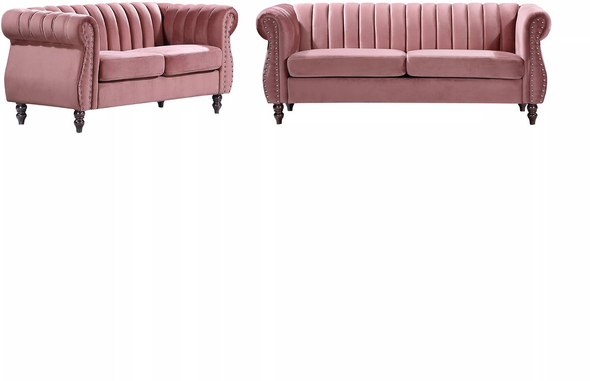 Vente-unique Tweezits- en driezits-Chesterfield-banken van oudroze velours TRUMBO Poederroze