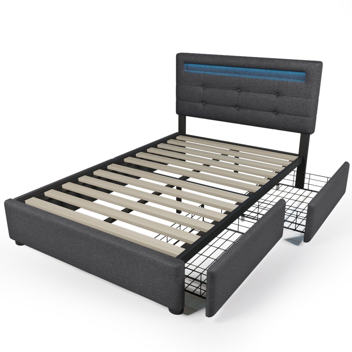 Merax Bedframe 90 x 200 cm – Gestoffeerd Bed met LED Verlichting en 2 Schuiven – Verstelbaar Hoofdeinde – Grijs Linnen