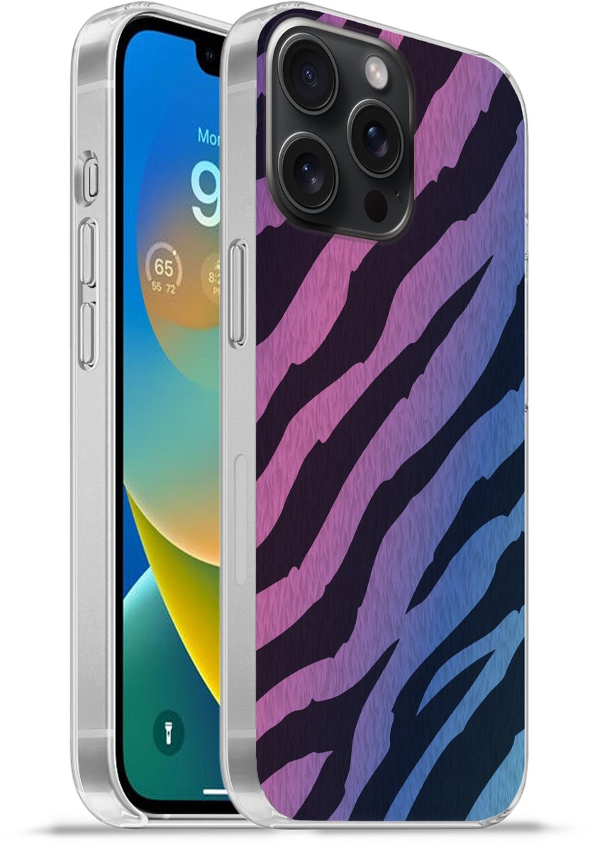 Telefoonhoesje Geschikt voor iPhone 15 Pro Max hoesje - Tijgerprint - Blauw - Paars - Kleurrijk - Siliconen Telefoonhoesje Telefoonhoesje