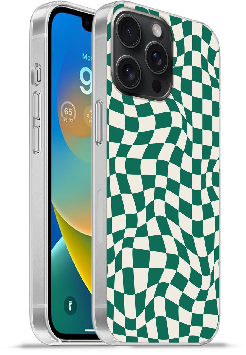 Telefoonhoesje Geschikt voor iPhone 15 Pro Max hoesje - Golvende vakjes - Groen - Wit - Abstract - Siliconen Telefoonhoesje Telefoonhoesje