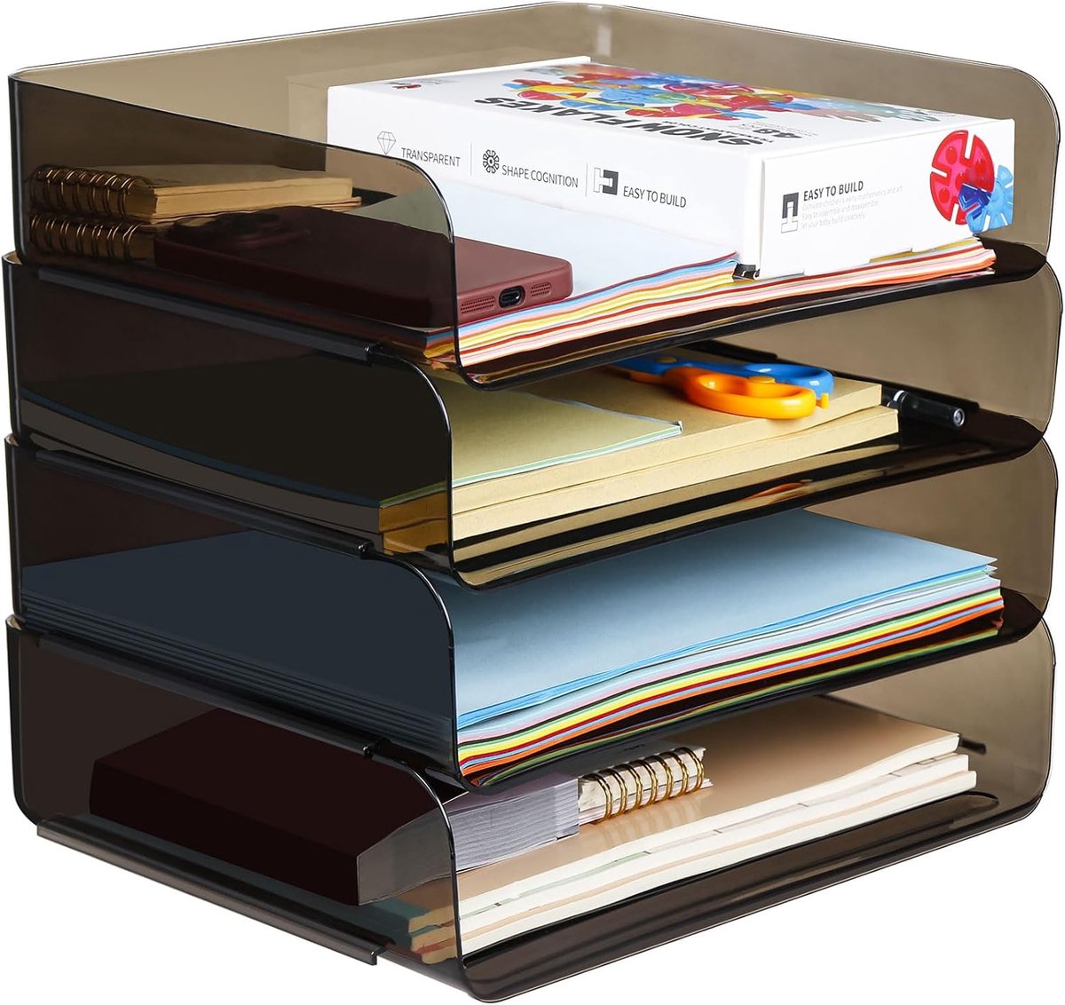 Purilit Design 4-Stöckige Ablagekorb Für A4, Dokumentenablage Aus PET Kunststoff, A4 Papierablage Fuer Zuhause, Buero, Schule, Stapelbare Schreibtisch Organizer Briefkorb, Briefablage Fuer Akten, 289313505