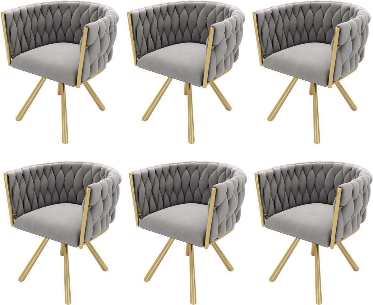 Merax Luxe Fluwelen Eetkamerstoelen Set van 6 – Grijs en Goud – 360° Draaibaar - Ergonomisch Ontwerp en Stalen Poten