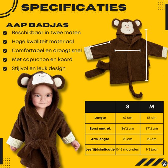 Baby Badjas Aap - 0-12 maanden (0-1 jaar) - ochtendjas - katoen - snel drogend - met capuchon - kraamcadeau - dierenbadjas - sinterklaas - monkey| dier - meisjes en jongens - bruin van Merkloos — afbeelding 4