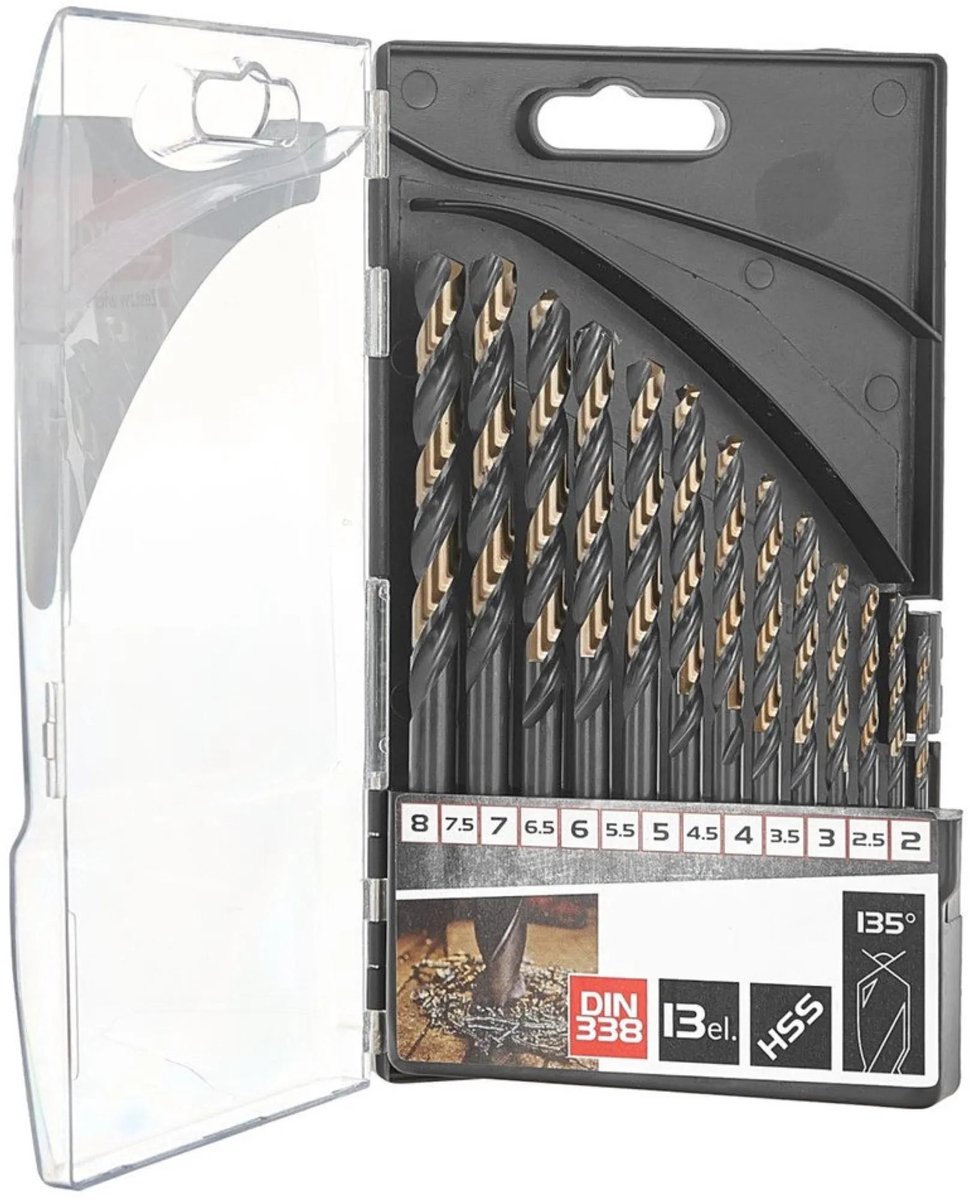 Tvardy Metaalboor Set - HSS 4341 - TiN Coating - 13-delig - 2,0-8,0 mm - Zwart/Goud