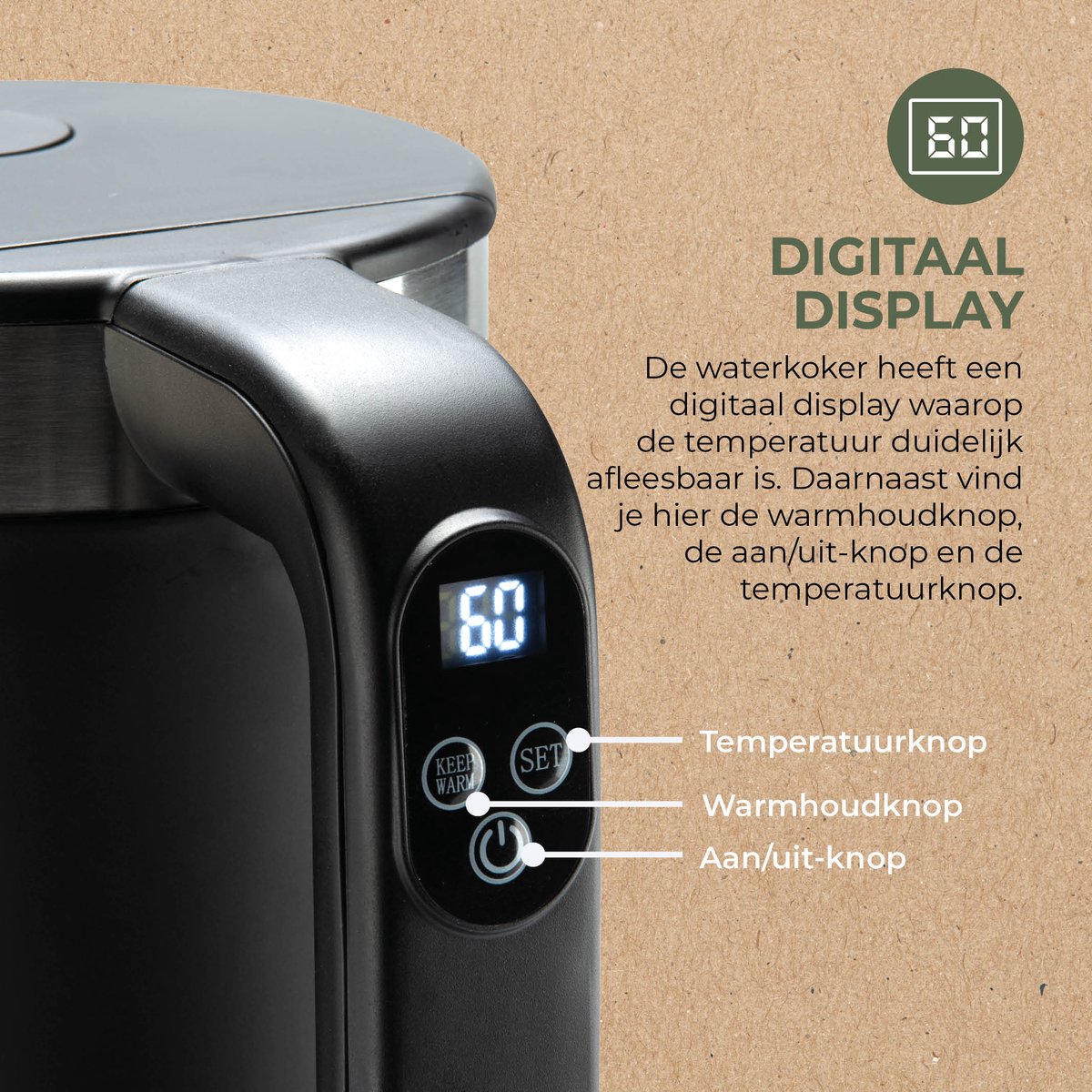 Bourgini Elements - Digitale Waterkoker - Zwart - 1.7 liter inhoud - GRS gecertificeerd gerecyclede materialen — afbeelding 4
