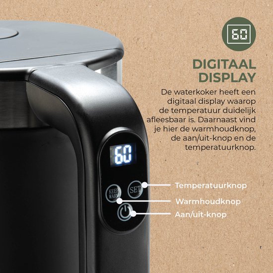 Bourgini Elements - Bouilloire numérique - Zwart - Capacité de 1,7 litre - Production plus durable
