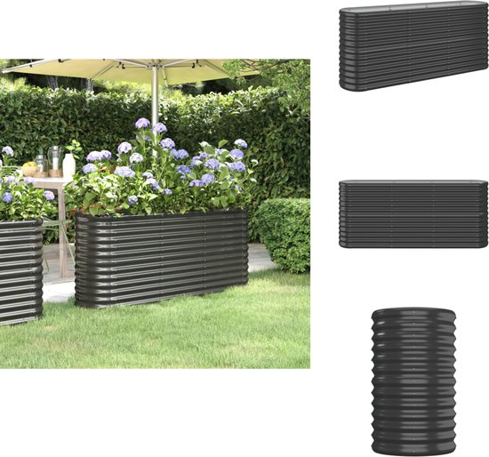 Stalen plantenbakken in een tuin, antracietkleurig.