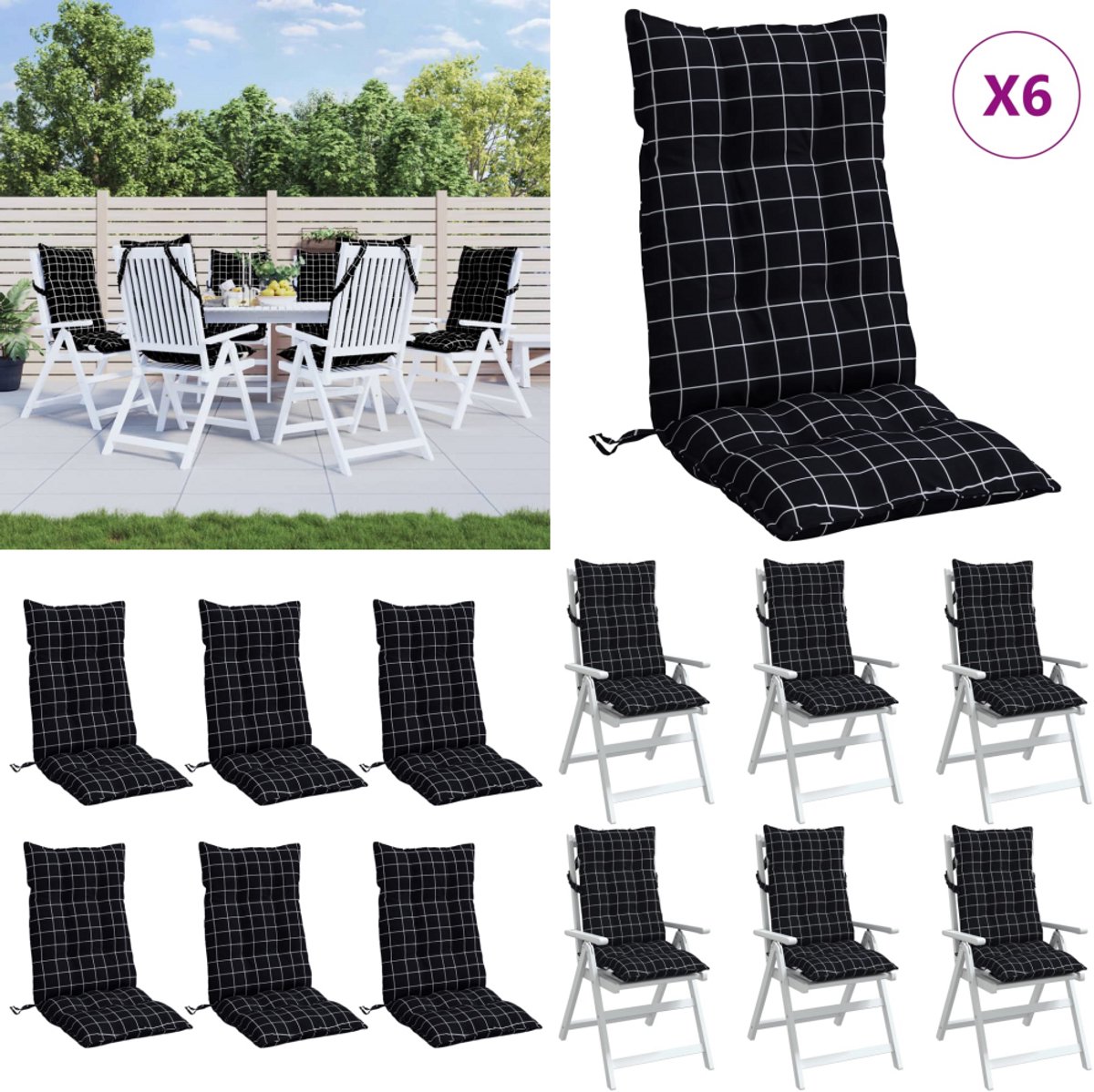 vidaXL Stoelkussens 6 st hoge rug gestreept stof wit en blauw, zitkussen, tuinstoelkussen, bankkussen, stoelkussen, tuinstoel kussen, rugkussen