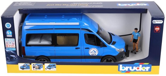 Blauwe speelgoed camperbus in verpakking, met figuur en Bruder logo.