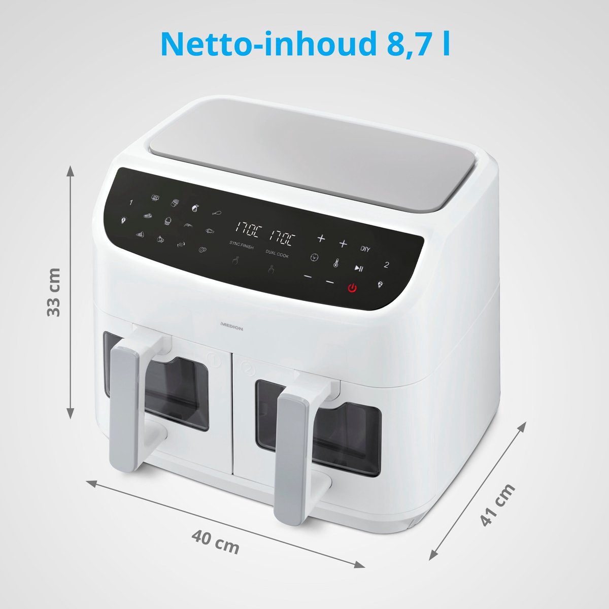 Afbeelding 2 van MEDION P20 XXL Dubbele Airfryer (8,7 liter, 2.600 watt, heteluchtfriteuse met 2 kamers, kijkvenster, 9 automatische programma's, 2 lades, Dual Airfryer, Dual Cook & Sync finish functie) wit
