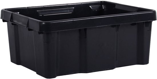 Zwarte kunststof opbergbox, leeg, op een witte achtergrond.