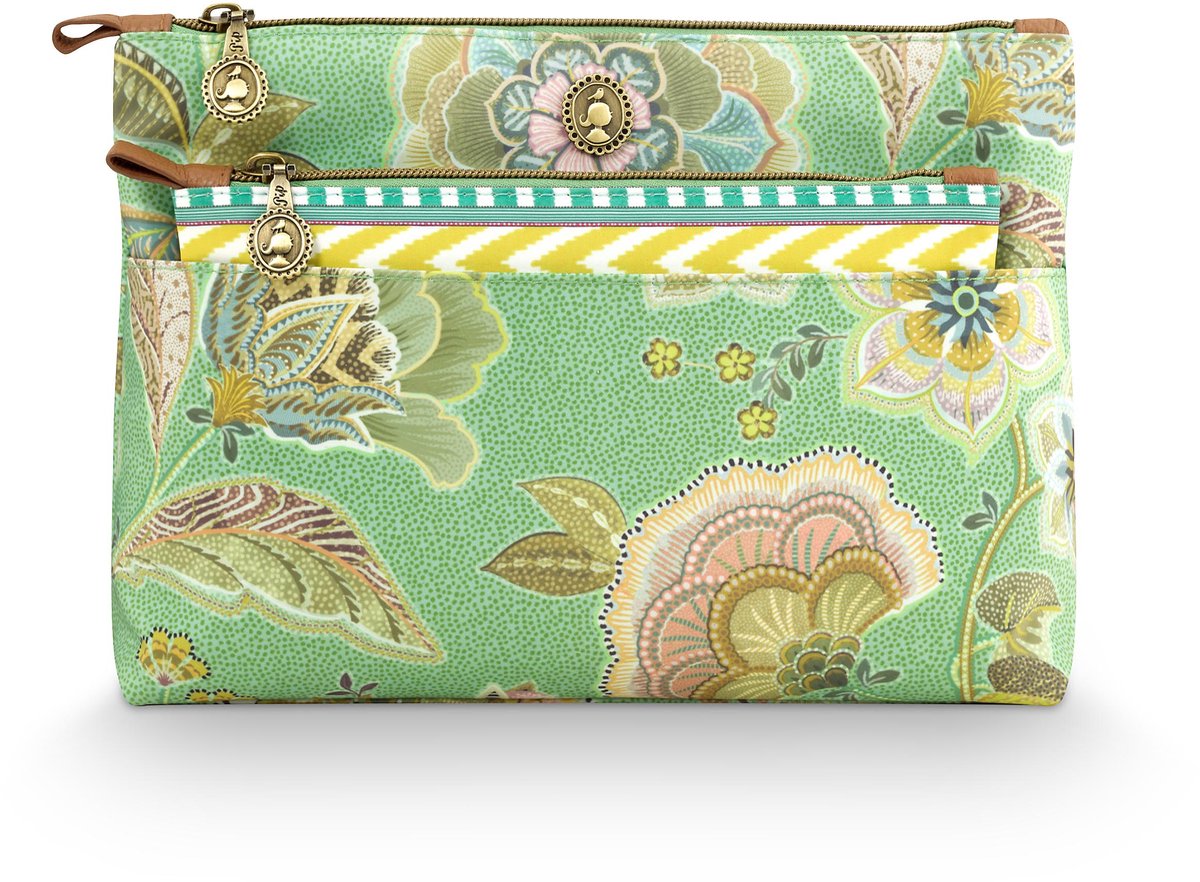 Pip Studio - Caryn Combi Make up tasje - Toilettas dames - Voor make-up - Matata Groen - 26x7.5x18cm/22x1x13cm