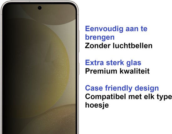 Privacy screenprotector op een telefoon, met tekst: Eenvoudig aan te brengen, Zonder luchtbellen, Extra sterk glas, Premium kwaliteit, Case friendly design, Compatibel met elk type hoesje.
