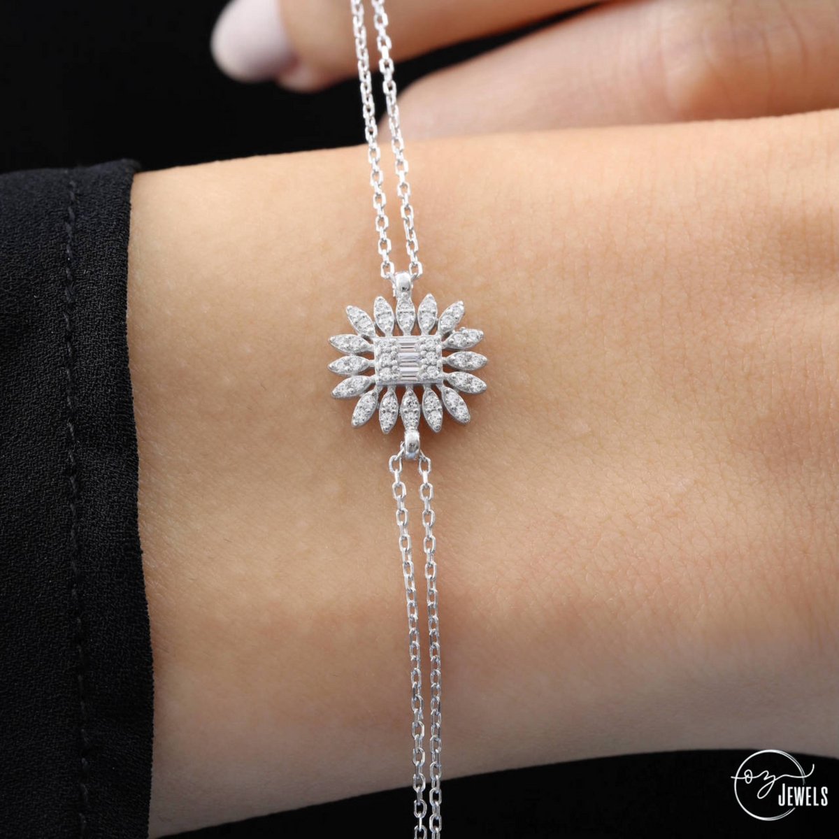 OZ Jewels Tweedradige Zilveren Zirkonium Armband met Rechthoekige Diamant - Accessoires - Liefdessieraden - Dames Armband - Valentijnsdag - Cadeau - Moederdag - Armband Meisje - Sieraden Dames - In mooie geschenkverpakking