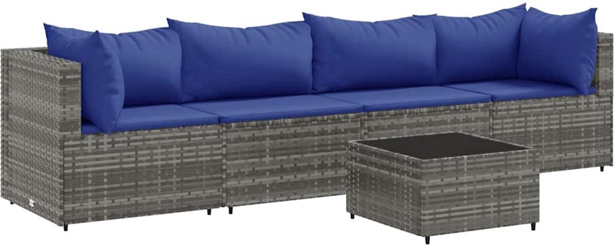 The Living Store 5-delige Loungeset met kussens poly rattan grijs - Loungebank - Lounge Set - Buitendecoratie - Tuinmeubels - Pe Rattan