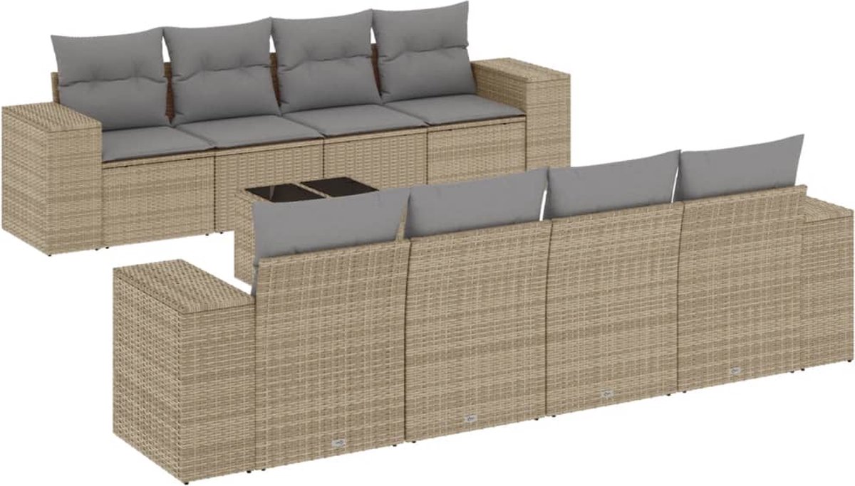 The Living Store 9-delige Loungeset met kussens poly rattan beige - Tuin Lounge Set - Loungebank - Buitenkamer - Buitentafel - Garden Furniture