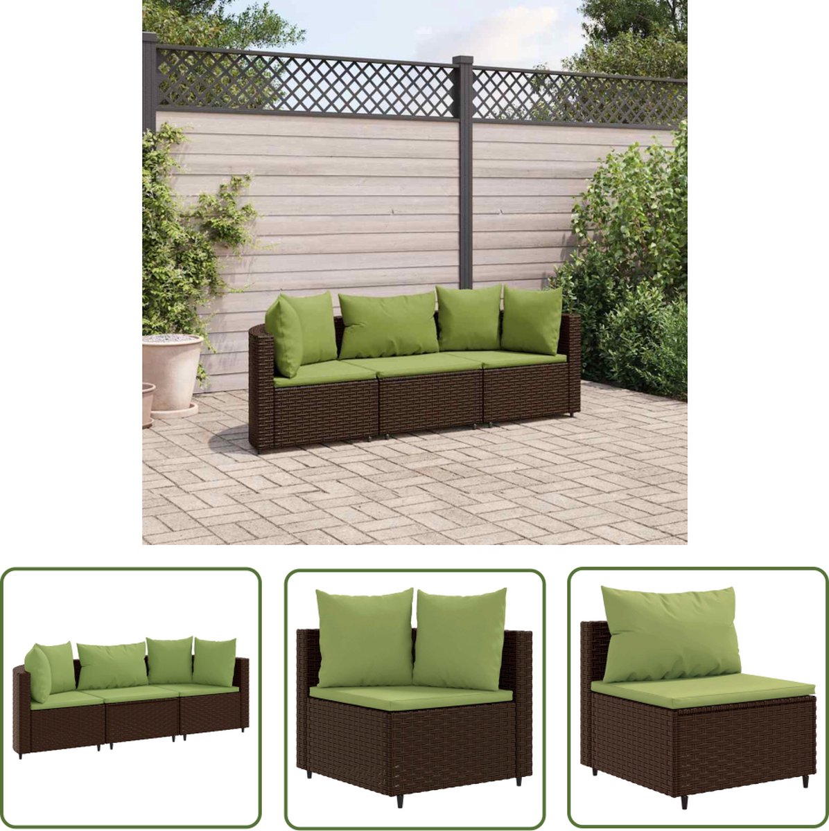 The Living Store 3-delige Loungeset met kussens poly rattan bruin - Loungeset - Tuinset - Lounge - Outdoor Furniture - Tuinmeubels