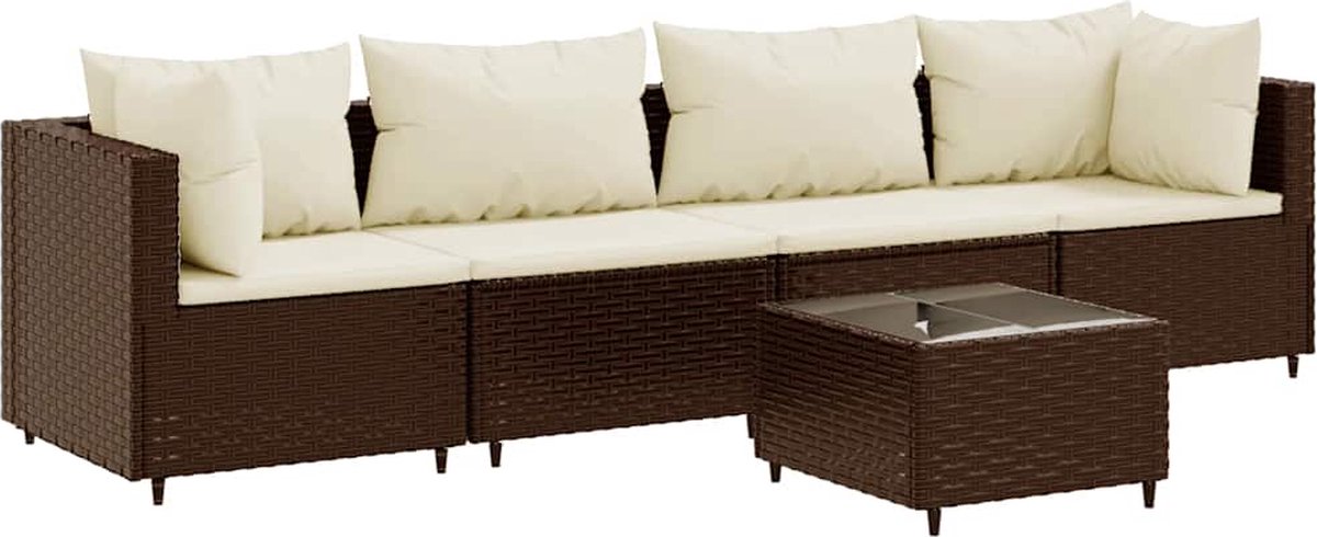 The Living Store 5-delige Loungeset met kussens poly rattan bruin - Loungeset - Tuinlounge - Lounge Set - Buitendiner - Outdoor Furniture