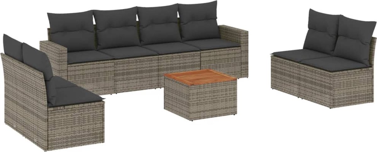The Living Store 9-delige Loungeset met kussens poly rattan grijs - Tuin Lounge Set - Loungebank - Buitenkamer - Buitentafel - Garden Furniture