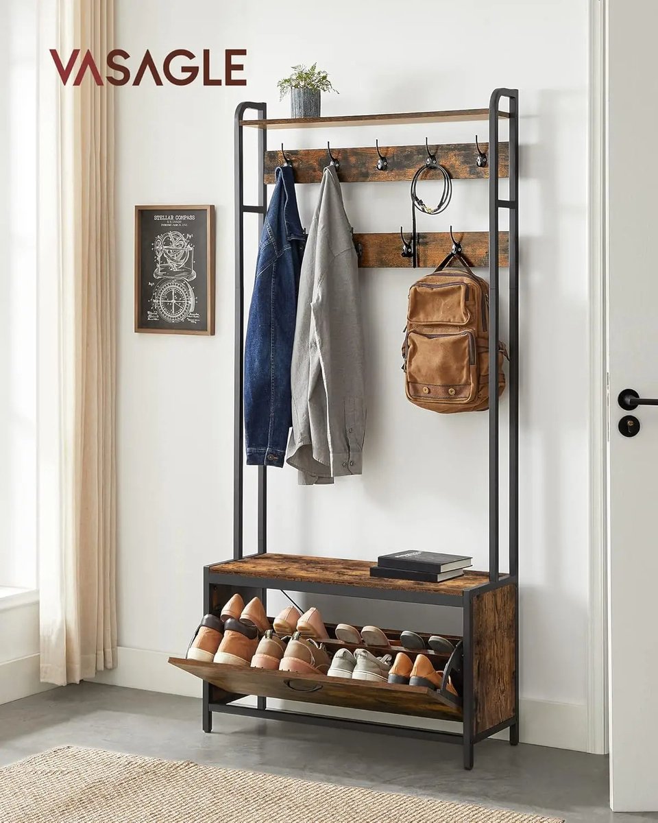 Vasagle Kapstok met schoenenrek - kapstok met bank - kledingrek - schoenenrek - 9 haken - bovenste plank - voor hal - slaapkamer - industrieel design - vintage bruin – foto 4