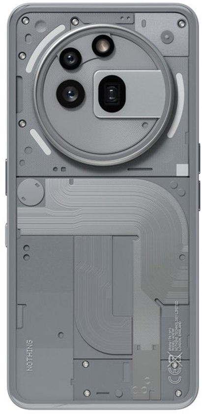 Achterkant van de grijze Nothing Phone, met gedetailleerd zicht op het transparante ontwerp en de camera's.