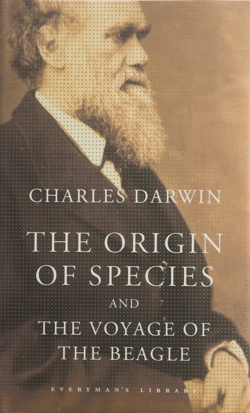 Boek 'The Origin of Species and The Voyage of the Beagle' met portret van Charles Darwin in pak en met baard.