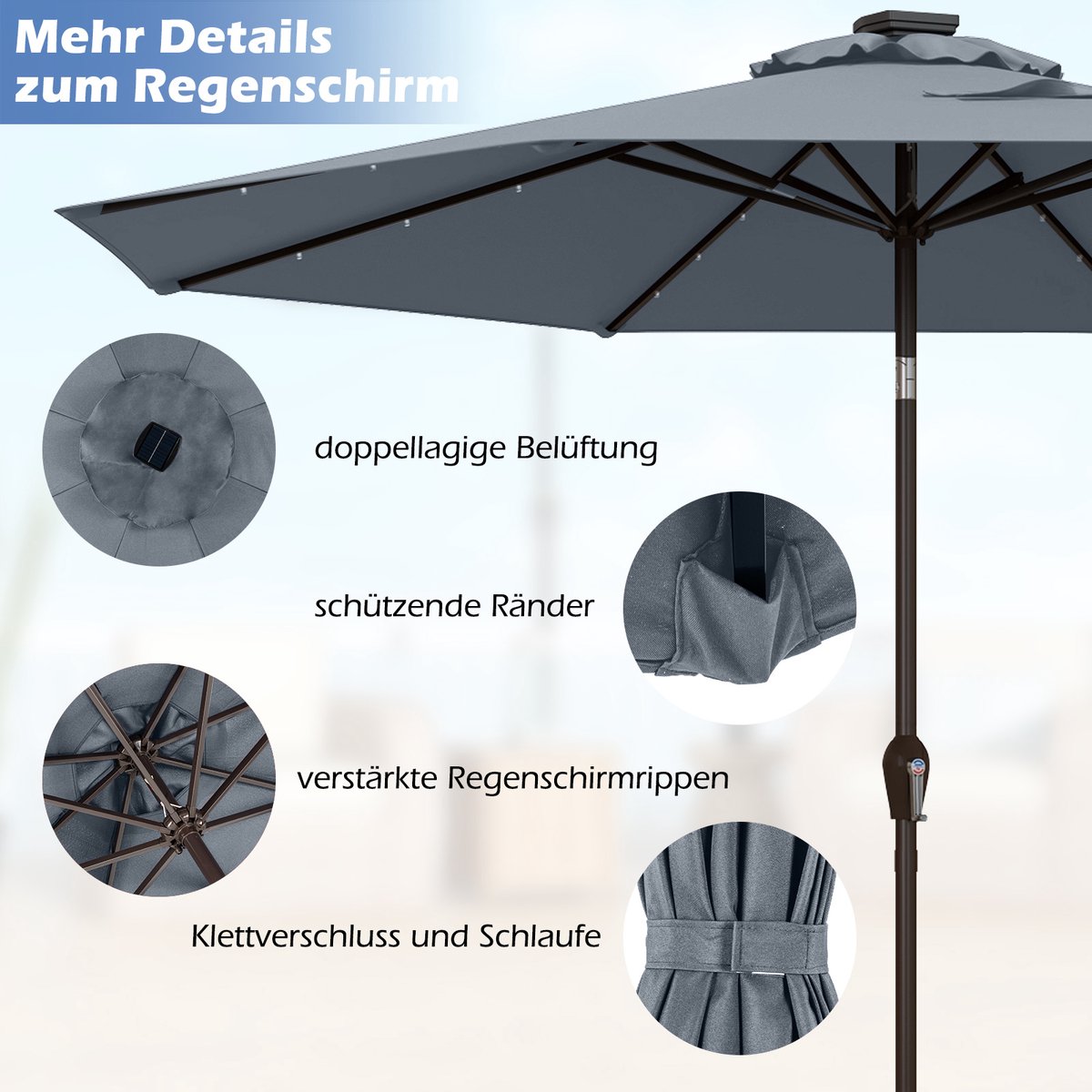 COSTWAY Parasol 300 cm met led-verlichting, parasolvoet niet inbegrepen, tuinparasol met zwengel, aan beide zijden 30° knikbaar, terrasparasol met 8 ribben, marktscherm voor tuin, balkon (grijs) – foto 2