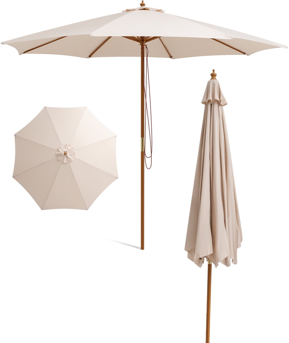 COSTWAY Parasol 300 cm, Parasolvoet Niet Inbegrepen, houten tuinparasol, balkonscherm, terrasparasol, marktscherm voor tuin, balkon, terras, zwembad, beige