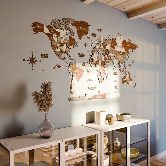 Décoration murale - Wereldkaart - Wereldkaart en bois - Wereldkaart 3D en bois - Tableau d' Wereldkaart - Mixte - Medium