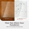 Twee helften die slijtage en waterspatten laten zien op een leren oppervlak, beschermd door een transparant vel. Tekst: 'Meer Dan Alleen Voor Huisdieren'.