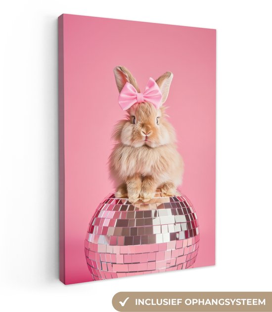 Canvas schilderij 20x30 cm - Exclusieve wanddecoratie Strik - Discobal - Konijn - Muurdecoratie woonkamer - Slaapkamer decoratie - Kamer accessoires - Schilderijen op canvas - Pasen - Paasdecoratie - Paas versiering