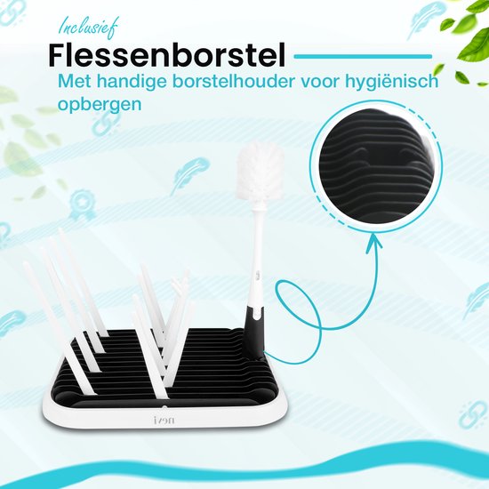 Nevi Afdruiprek met flessenborstel - Afdruipmat voor 10 Flessen - Flessendrager - Opvouwbaar - Zwart van Nevi — afbeelding 3