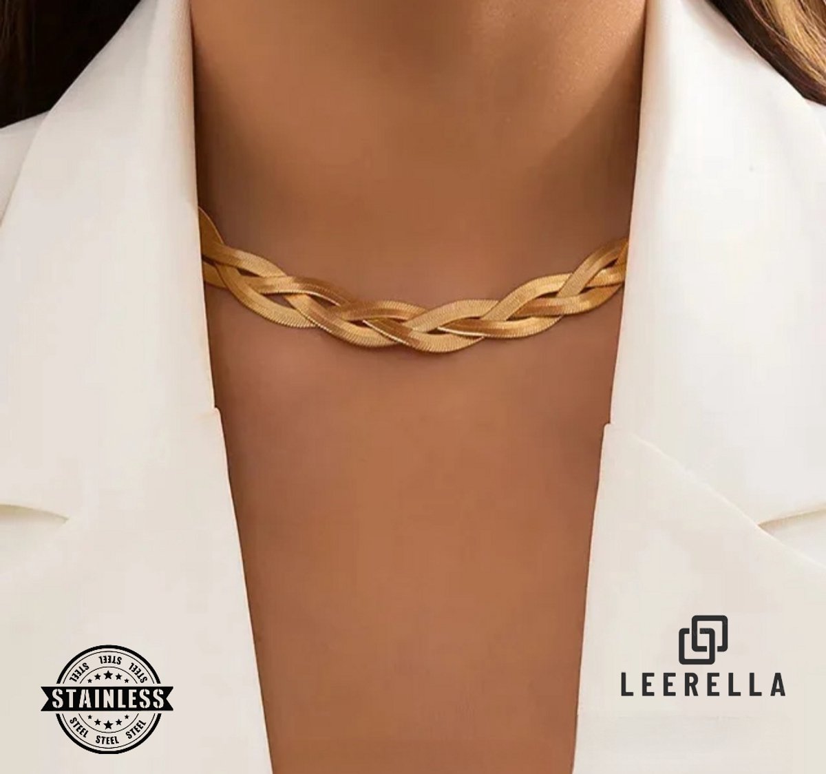Leerella Driekeer Gevlochten Slang Ketting – Luxe Roestvrijstalen Ketting in Goud-Kleur – Verstelbaar & Waterproof 40+5 cm