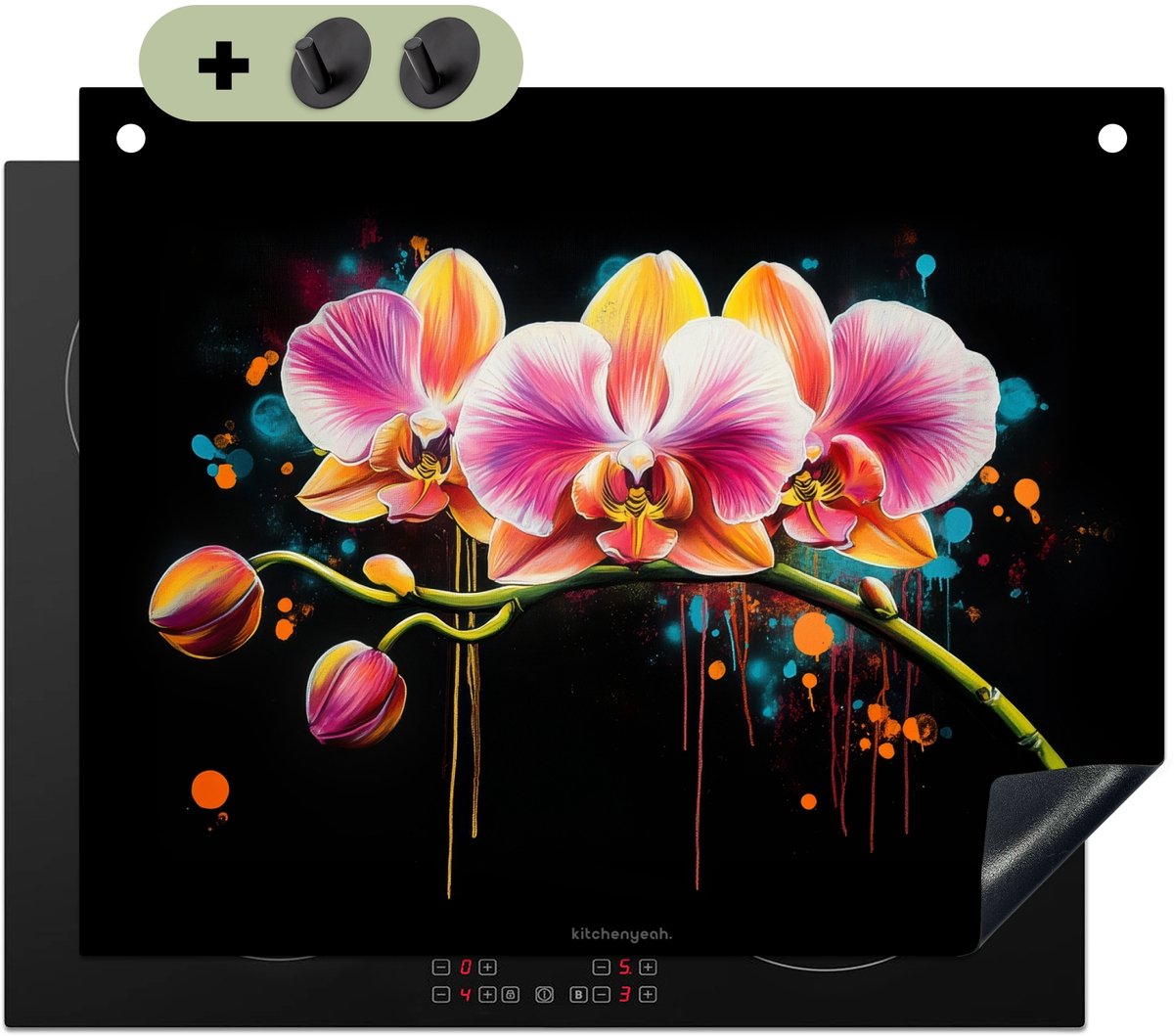 KitchenYeah® Inductie beschermer 65x55 cm - Orchidee - Graffiti - Kleurrijk - Bloemen - Kookplaataccessoires - Afdekplaat voor kookplaat & Spatscherm achterwand - Inductiebeschermer - Inductiemat - Inductieplaat mat - Keuken decoratie