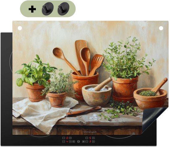 KitchenYeah® Protection plaque induction 71x52 cm - Pots - Herbes - Bois - Protege plaque de cuisson - Couvre plaque induction - Protecteur d'induction - Cuisine