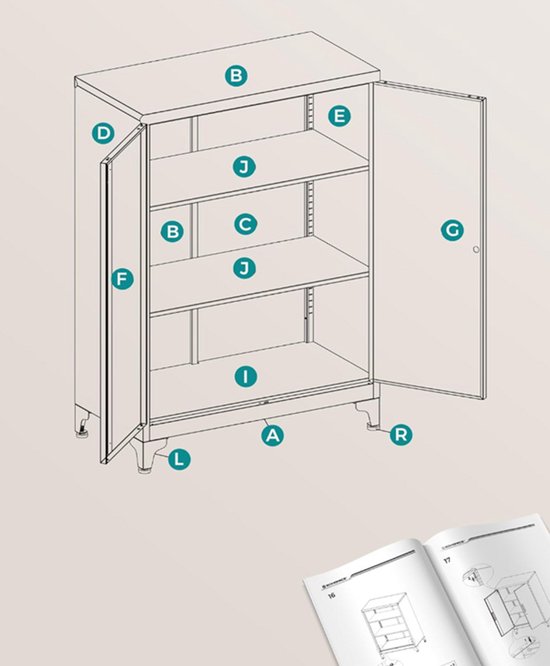 Schematische tekening van een grijze archiefkast met genummerde onderdelen A t/m R.