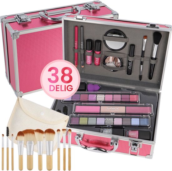 Foto: Roze make up koffer meisjes met inhoud 38 delig inclusief 10 delige kwasten set reis etui cosmetica set kinderen roze beautycase meisjes