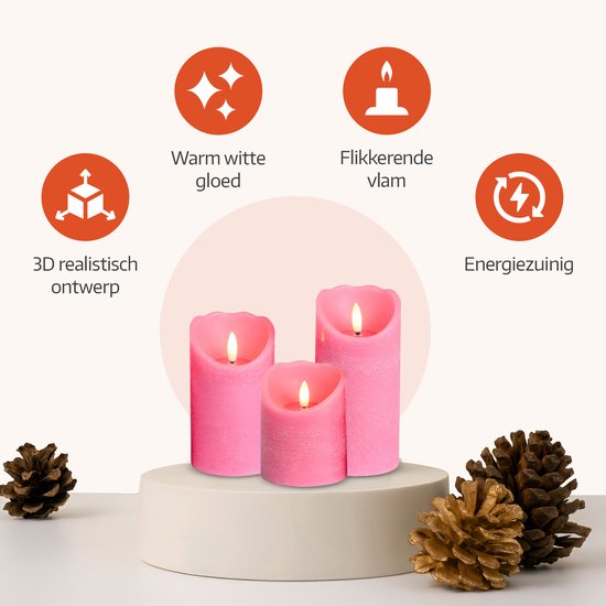 Meisterhome - 3 x Bougie Pilier LED Rustique - Rose - Bougie Pilier Cire véritable - Bougies LED - 10 / 12,5 / 15 cm de Haut - Avec télécommande - Minuterie 2/4/6/8 heures - Intensité variable