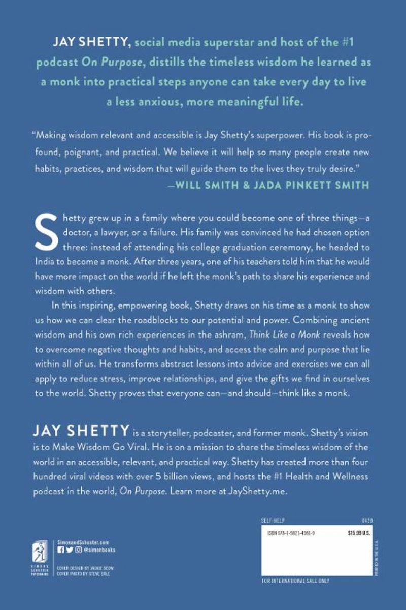 Dos du livre 'Think Like a Monk' avec des citations et des informations sur l'auteur Jay Shetty.