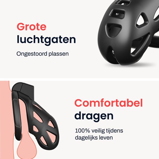 Zwarte kuisheidskooi met grote ventilatiegaten en een comfortabele pasvorm voor dagelijks gebruik.