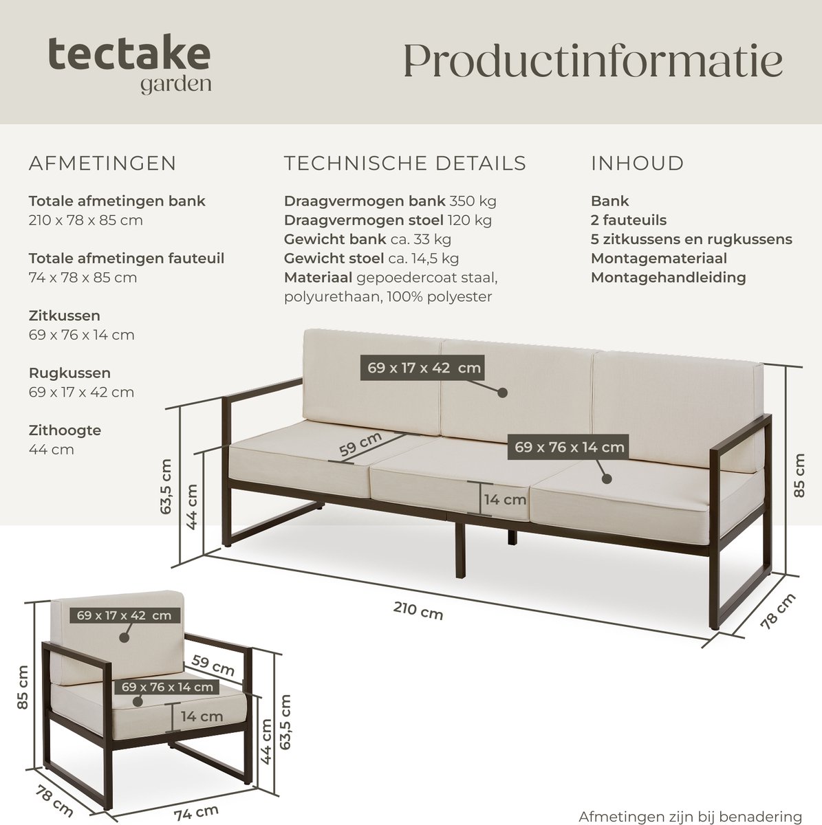 tectake® Tuinset Comosa - Loungeset voor 5 personen - Tuinbank - Loungebank en Twee Loungestoelen - Tuinstoelen met Waterafstotende en Ultradikke Kussens - Draagkracht 117 kg per Zitplaats - Bruin/Beige – foto 5