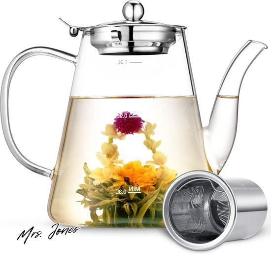 bonVIVO Teapot Tempa Theepot met afneembaar roestvrijstalen filter, borosilicaatglazen kan, hittebestendig, glazen theepot met deksel in koperlook, verchroomd, theezeef, 1500 ml